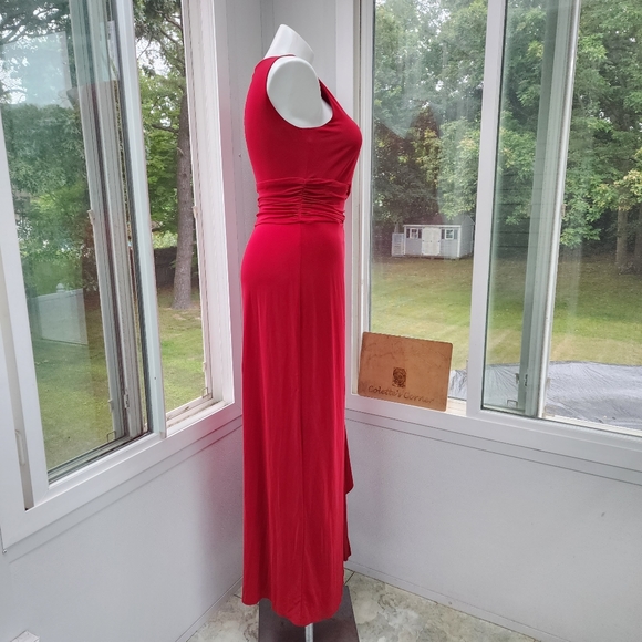 CHAPS Dark Red Stretch Jersey Faux Wrap Ruched Maxi Dress - Picture 5 of 11